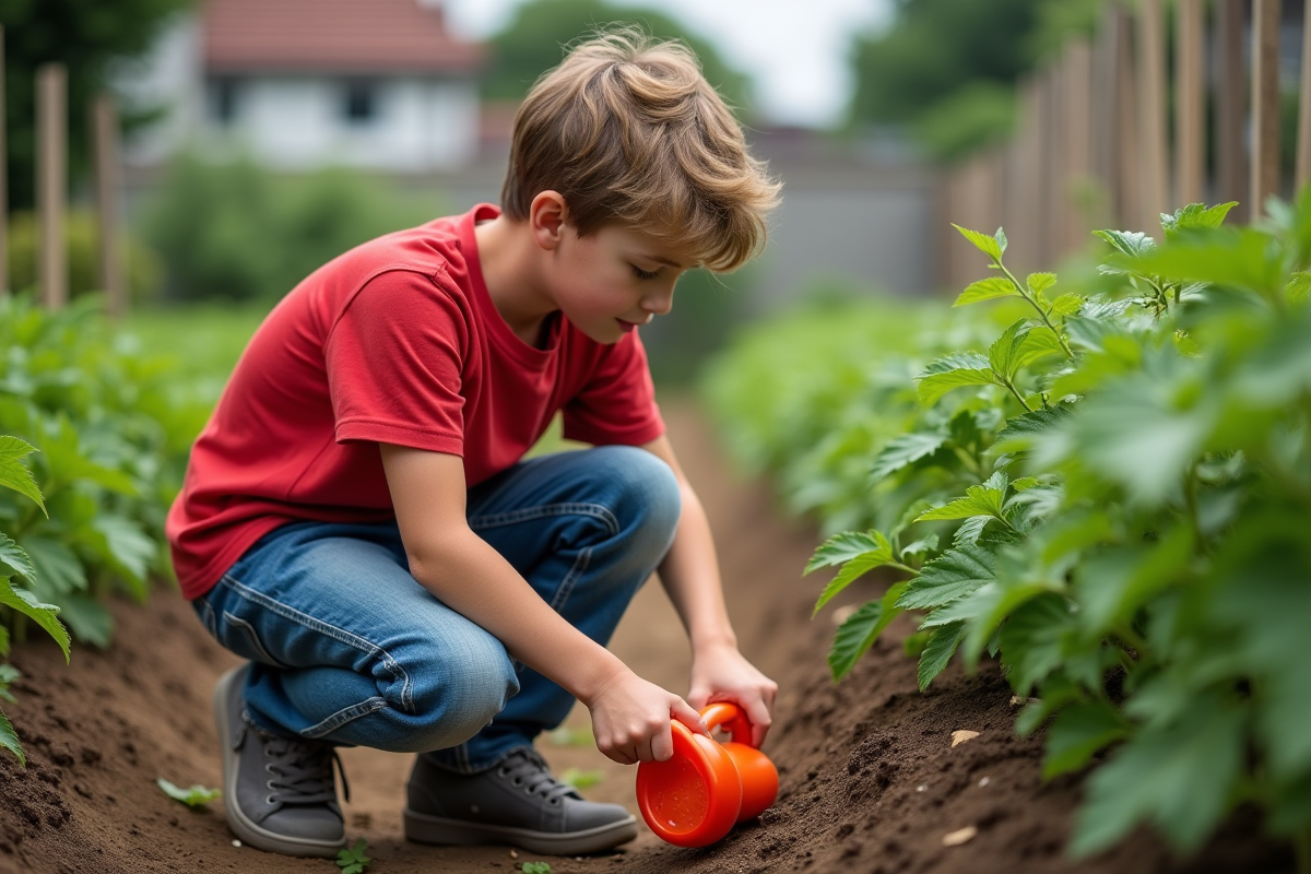 Adolescent arrosant des plants de tomates dans un jardin communautaire