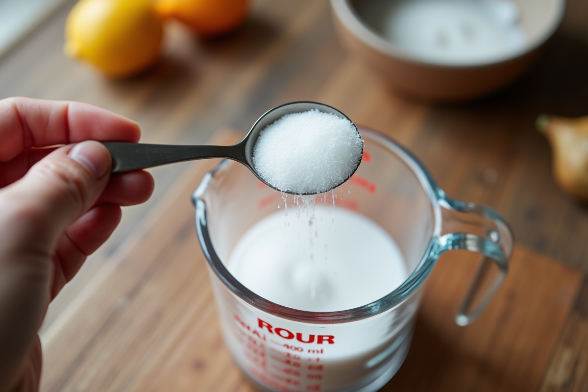 Main versant sucre dans un verre mesureur en cuisine
