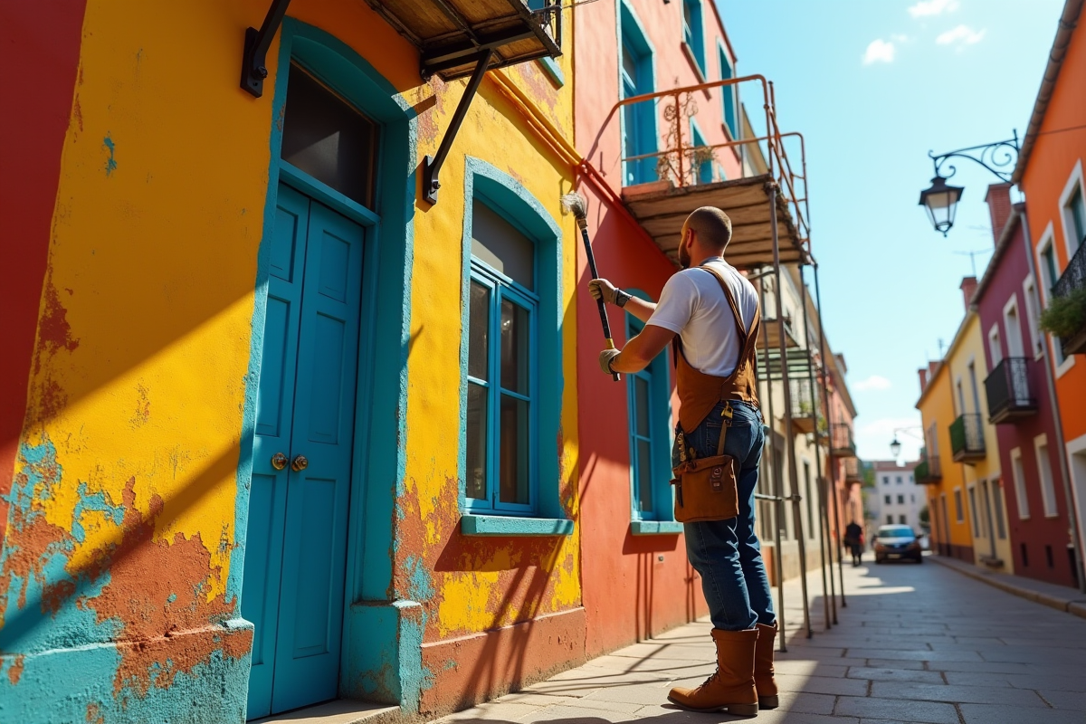 Artisan rénovant une façade de maison colorée en ville