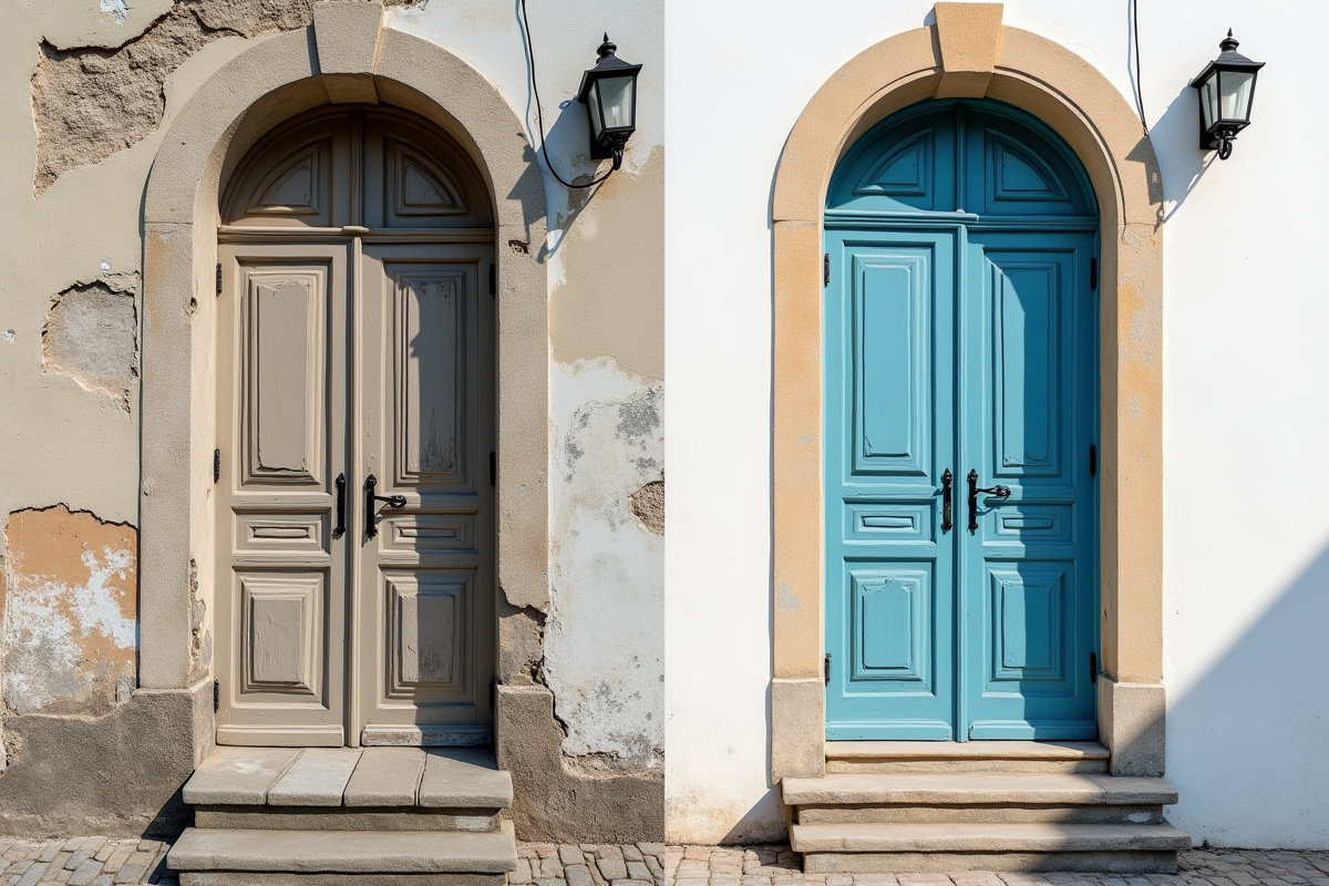 Comparaison avant après d une façade de bâtiment restaurée