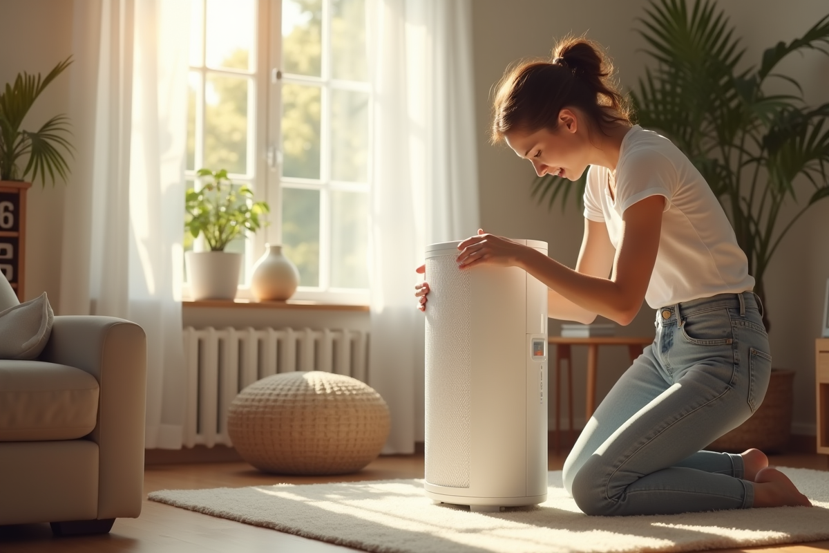 Personne changeant filtre d un purificateur d air chez soi