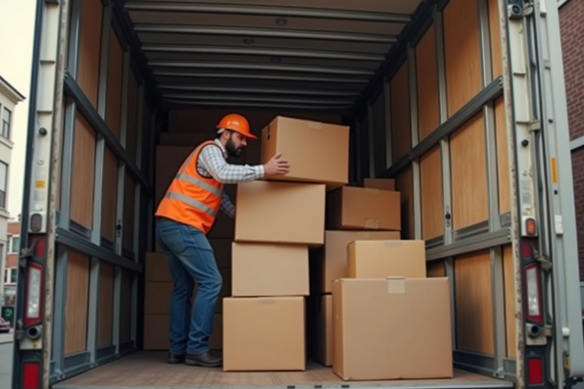 Chargement incorrect dans un camion de déménagement avec des boîtes instables