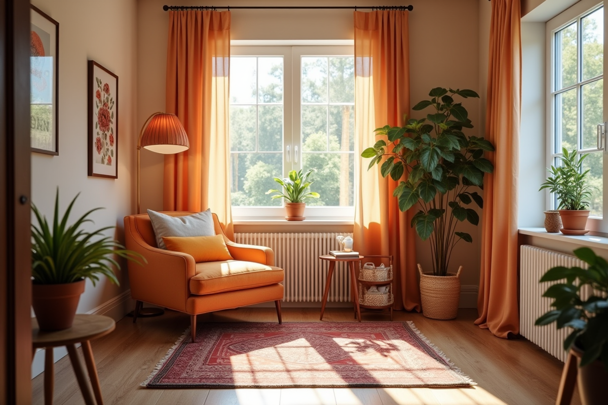 Coin lecture chaleureux avec tapis coloré et fauteuil cosy