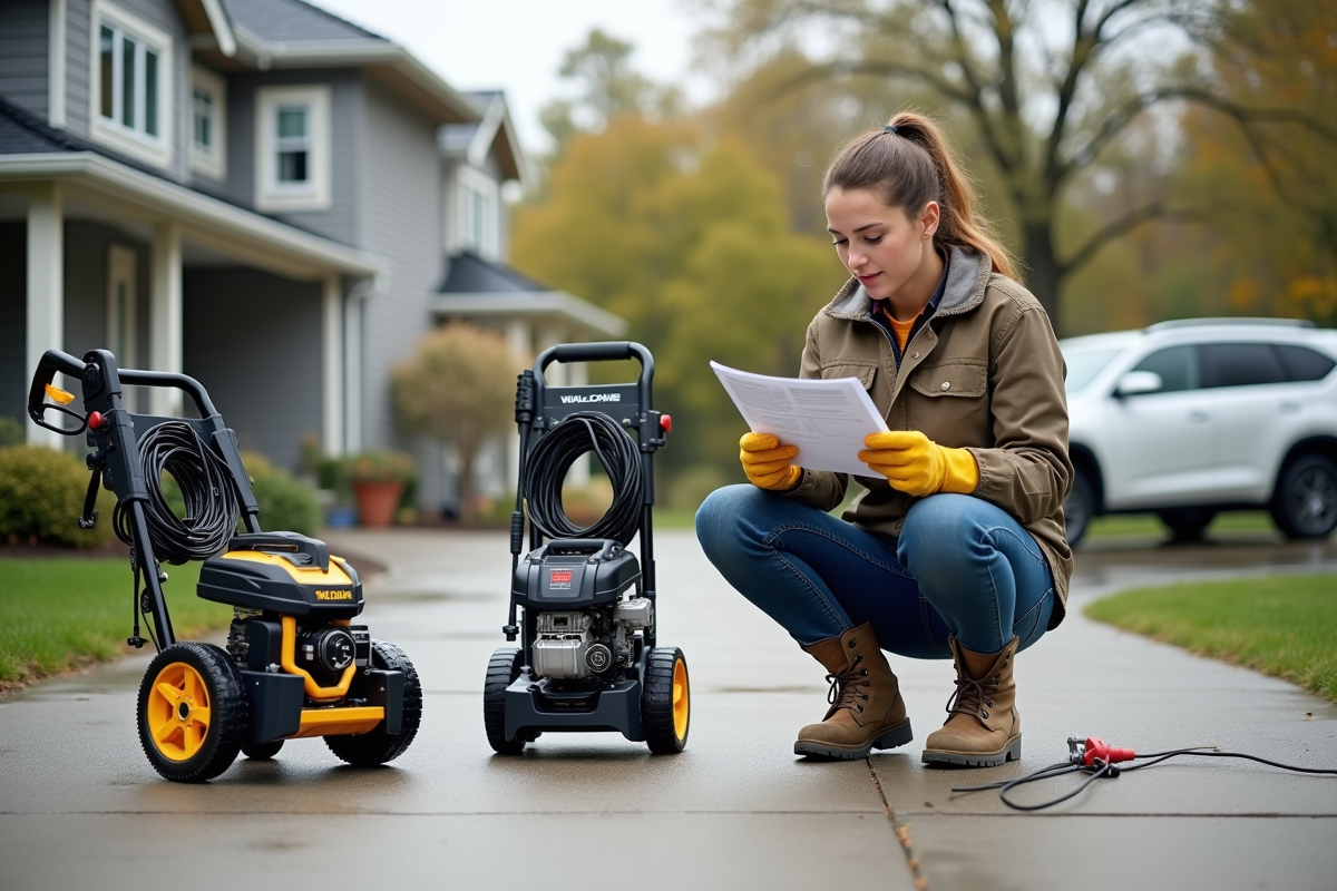 Jeune femme comparant trois nettoyeurs haute pression dans une cour