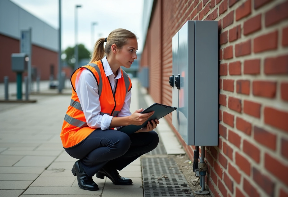 Inspectrice sécurité vérifiant une boîte de jonction extérieure