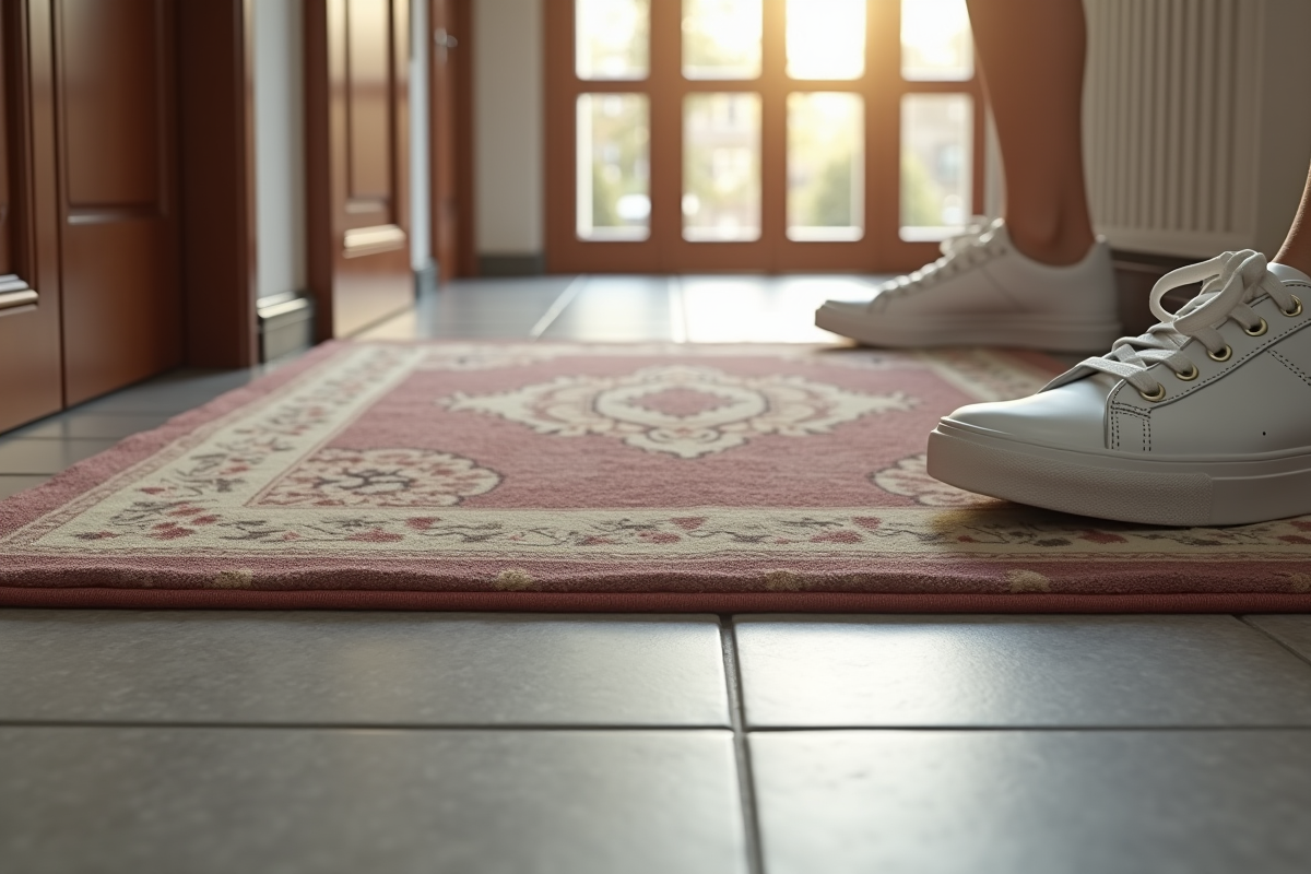Tapis antidérapant avec baskets blanches dans le couloir