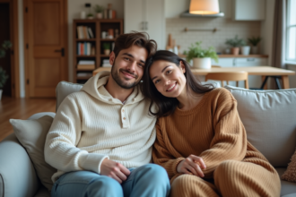 Jeune couple assis sur un canapé dans un salon lumineux