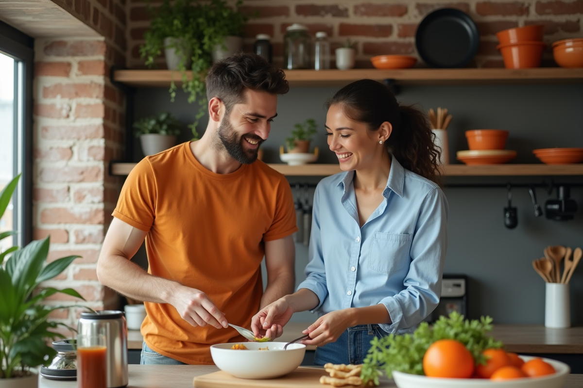 Jeune couple préparant un repas dans une cuisine loft urbaine lumineuse