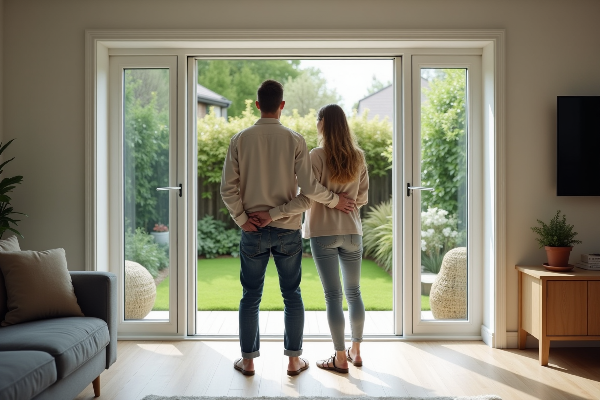Jeune couple admirant leur porte-fenêtre PVC dans le salon