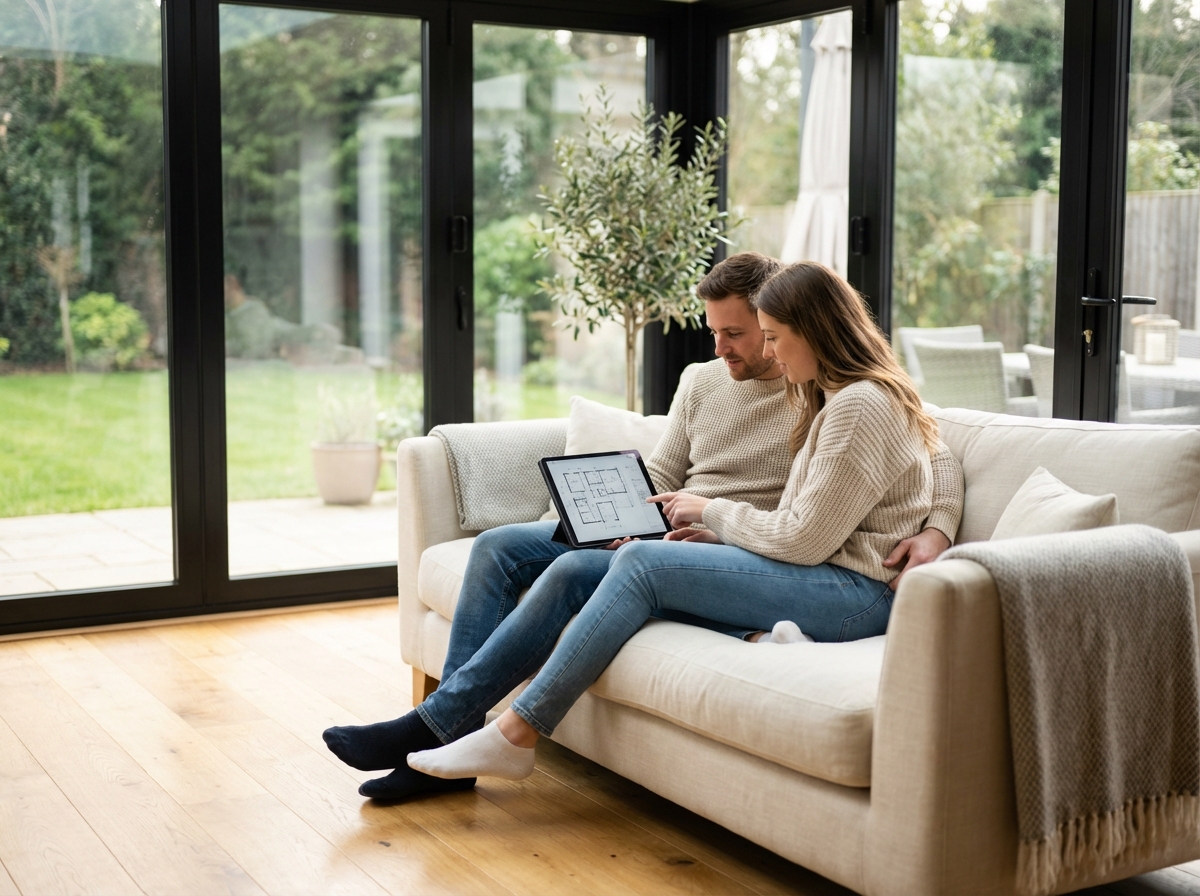 Jeune couple regardant un plan de maison dans leur salon lumineux