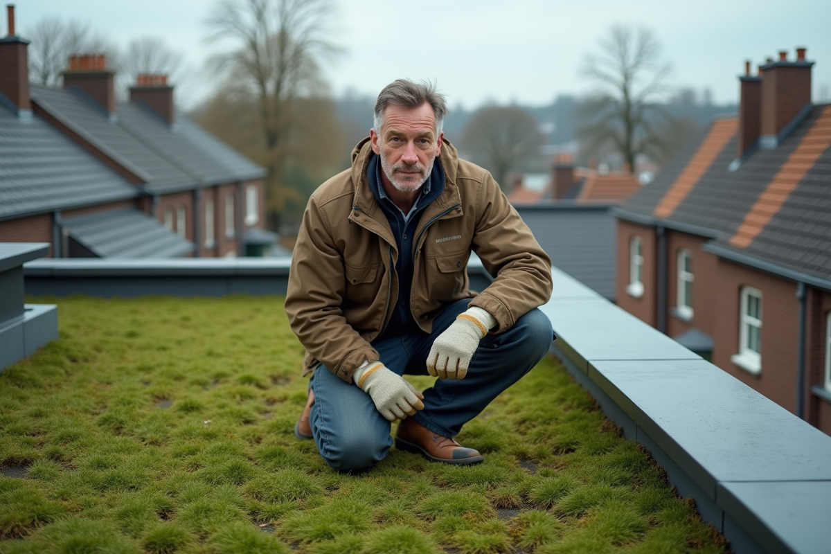 Couvreur homme sur toit végétal en ville
