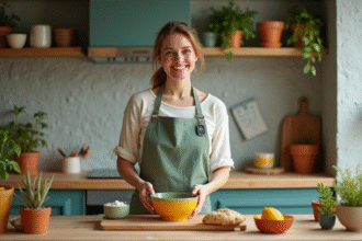 Femme souriante en tablier vert arrangeant un bol coloré dans une cuisine moderne