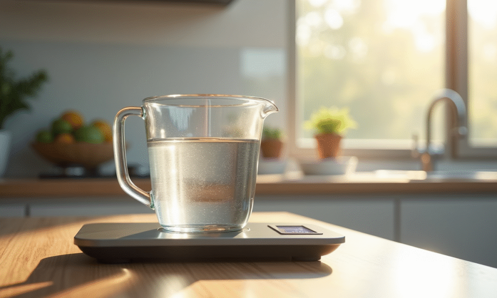 Scène de cuisine avec verre mesure eau et balance digitale