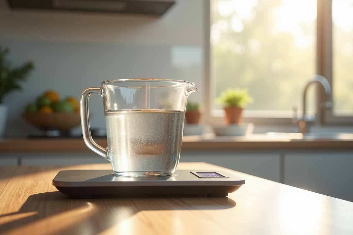 Scène de cuisine avec verre mesure eau et balance digitale