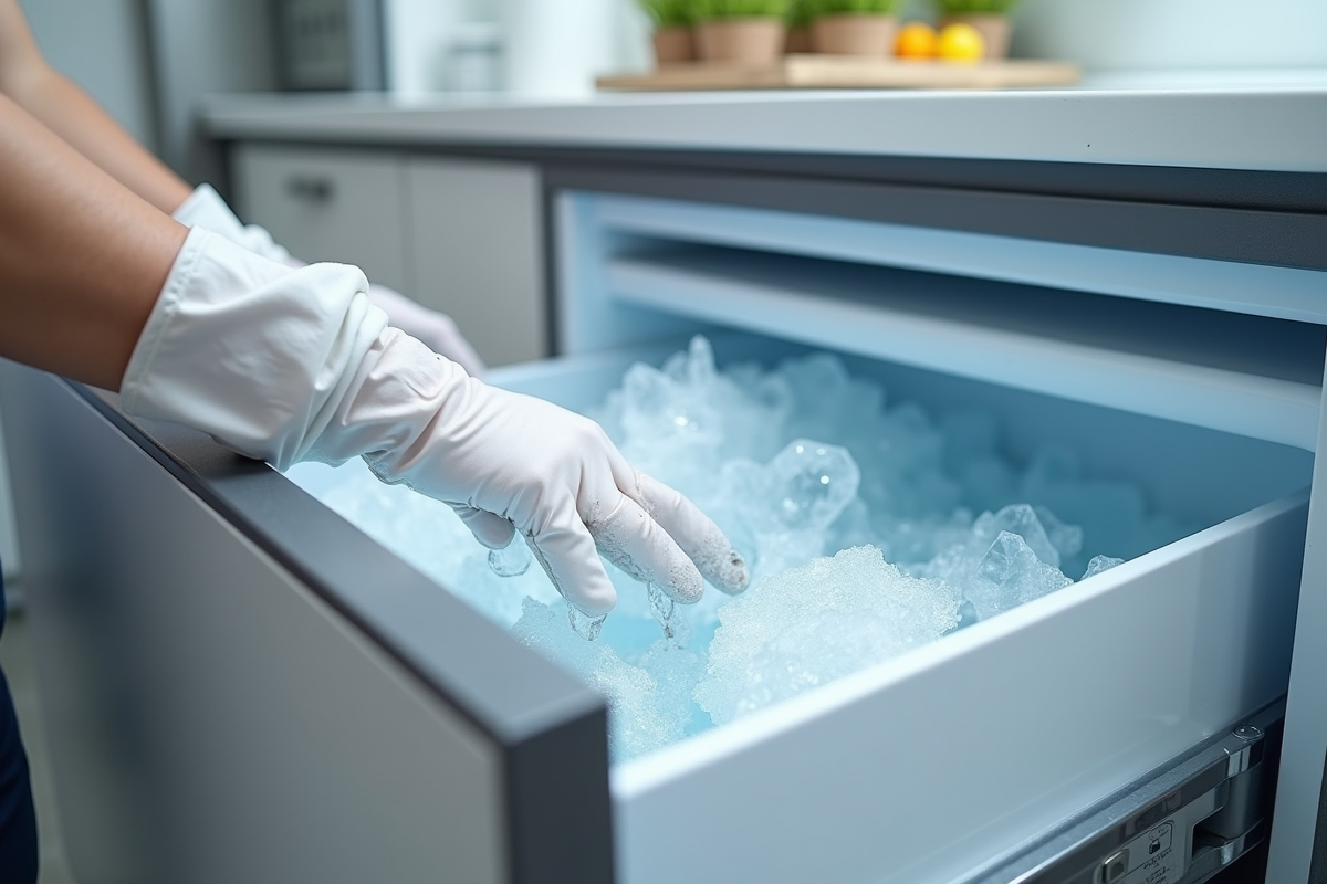 Dégivrage d'un congélateur avec givre épais et glace