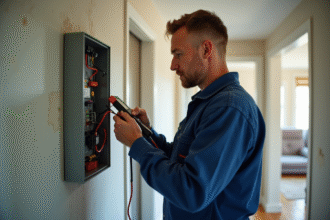 Électricien homme vérifiant un tableau électrique dans une maison