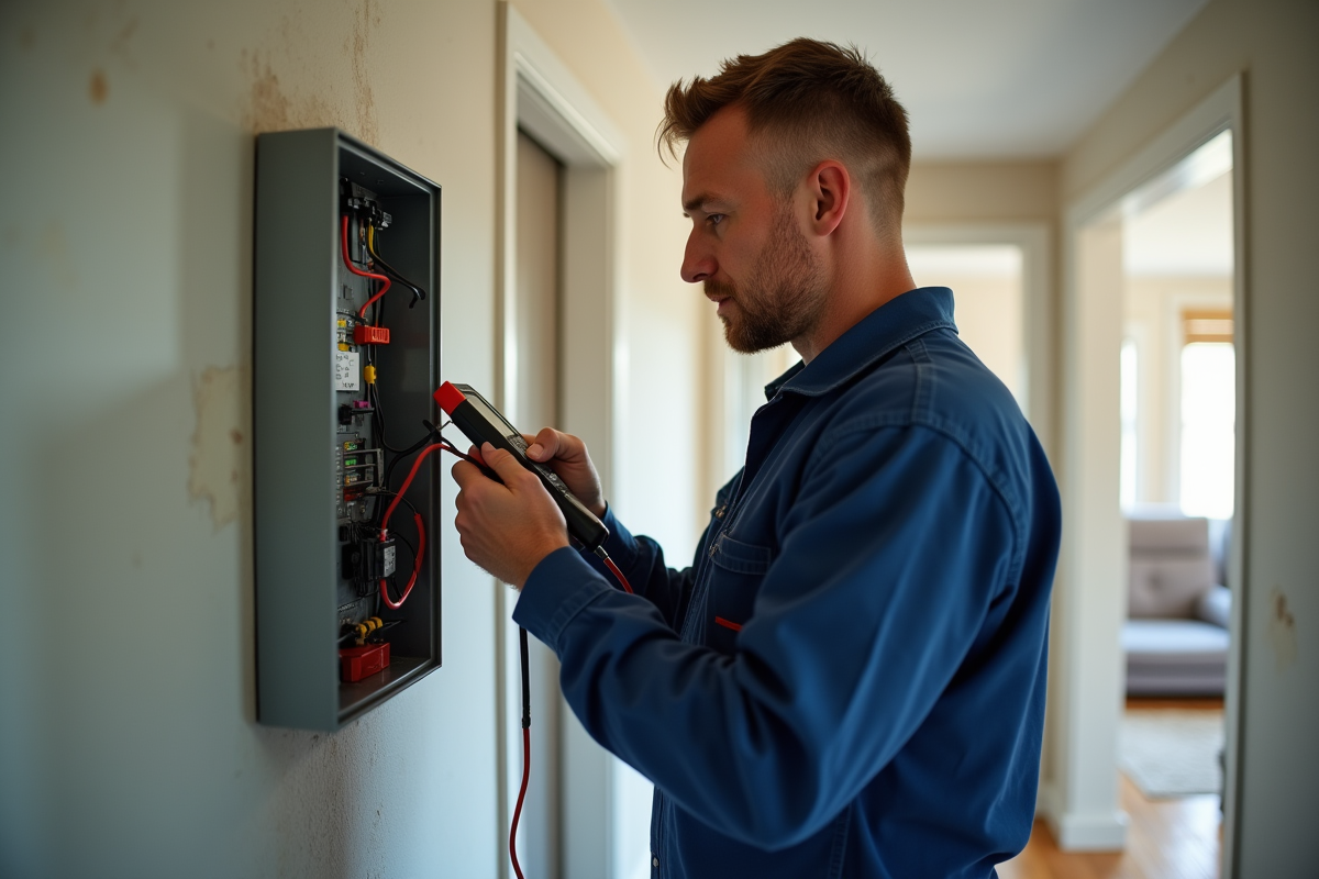 Électricien homme vérifiant un tableau électrique dans une maison