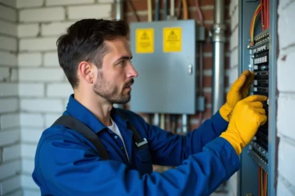 Électricien inspectant un panneau électrique moderne intérieur