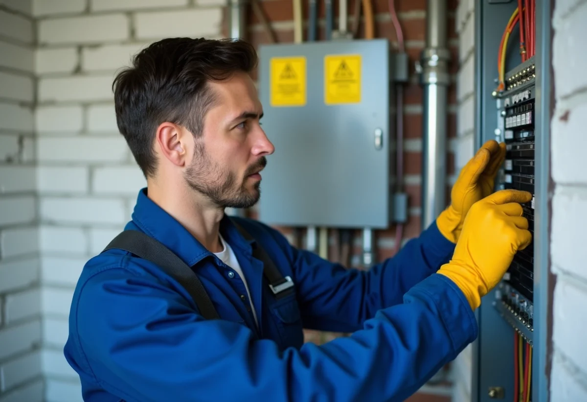 Électricien inspectant un panneau électrique moderne intérieur