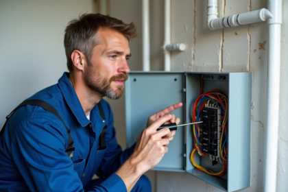 Électricien en overalls bleus inspectant un panneau électrique