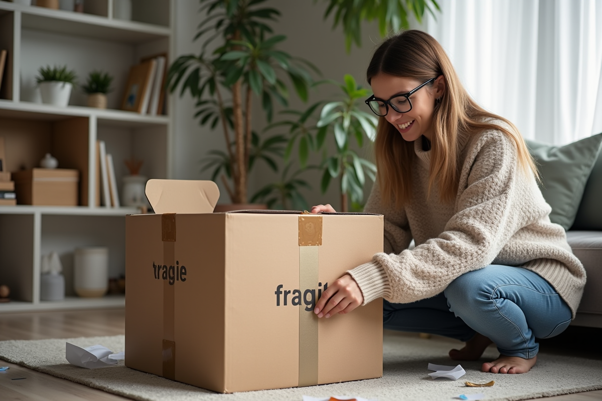 Jeune femme scellant une boîte en carton fragile dans un salon