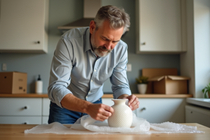 Homme emballant un vase en céramique avec du papier bulle