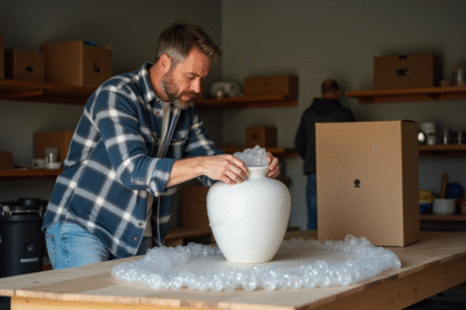 Homme emballant un vase en céramique fragile avec du papier bulle