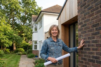 Femme souriante tenant un plan devant sa maison en construction