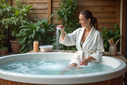 Femme vers 40 ans verse du bicarbonate dans un bain extérieur naturel