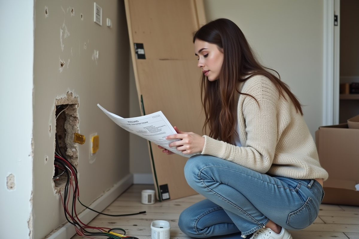 Jeune femme vérifiant un câblage électrique dans un salon en rénovation