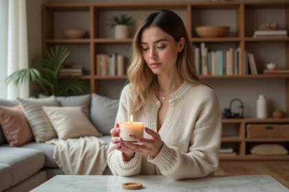 Femme raffinée examinant une bougie parfumée dans un salon moderne