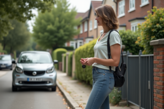 Femme d'âge moyen tenant des clés devant sa maison de banlieue