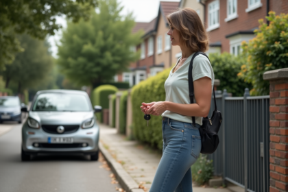 Femme d'âge moyen tenant des clés devant sa maison de banlieue