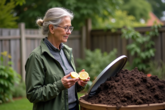 Femme examinant le compost dans un jardin verdoyant
