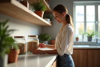 Femme arrangeant des bocaux en cuisine moderne écologique