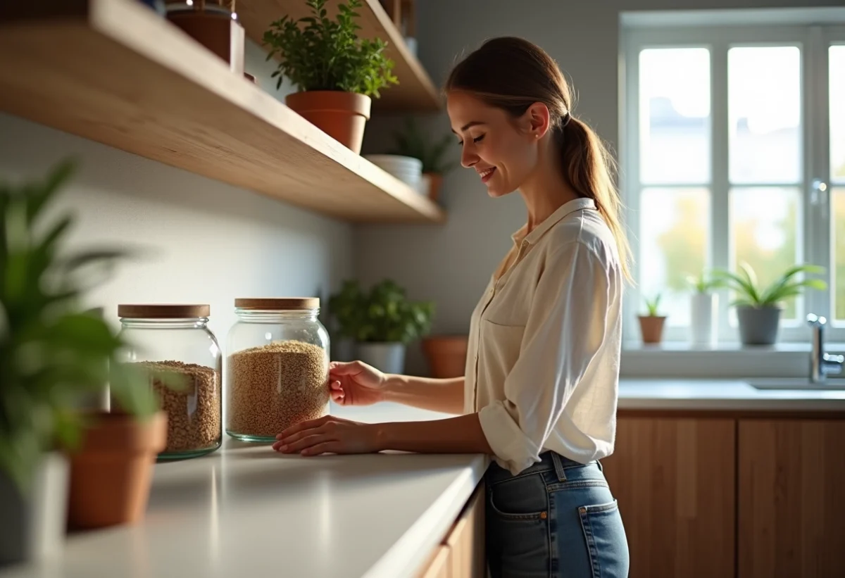 Femme arrangeant des bocaux en cuisine moderne écologique
