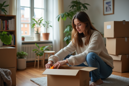 Jeune femme dans son appartement en train d'emballer une box
