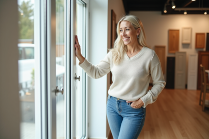 Femme inspectant une porte-fenêtre PVC moderne en showroom