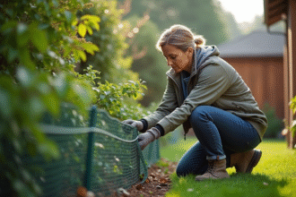 Femme posant une cloture anti cerf dans le jardin