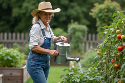 Femme en salopette et chapeau de paille arrosant des tomates