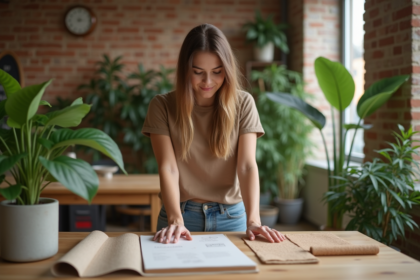 Jeune femme examine des matériaux recyclés dans un intérieur moderne