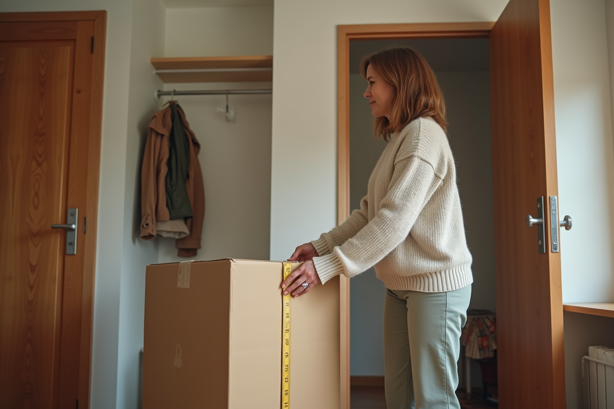 Femme mesurant un grand carton dans un couloir lumineux
