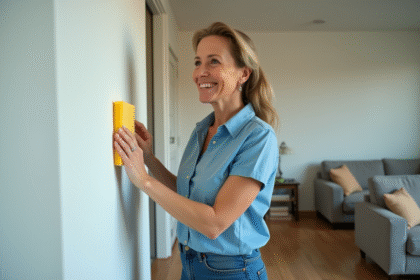 Femme en jeans et chemise bleue nettoyant un mur intérieur