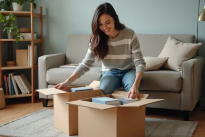 Femme souriante triant des livres dans un appartement cosy