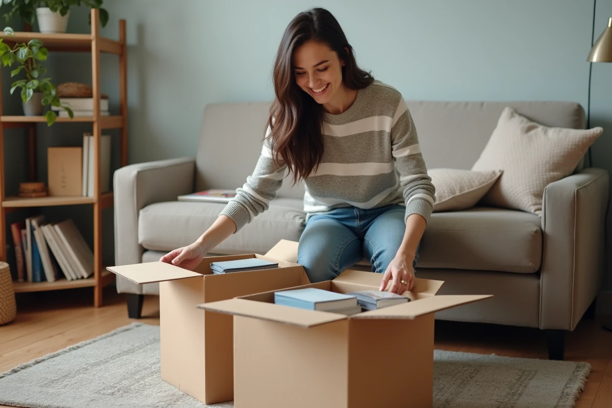 Femme souriante triant des livres dans un appartement cosy
