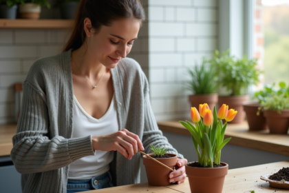 Femme plantant des tulipes dans un pot en cuisine moderne