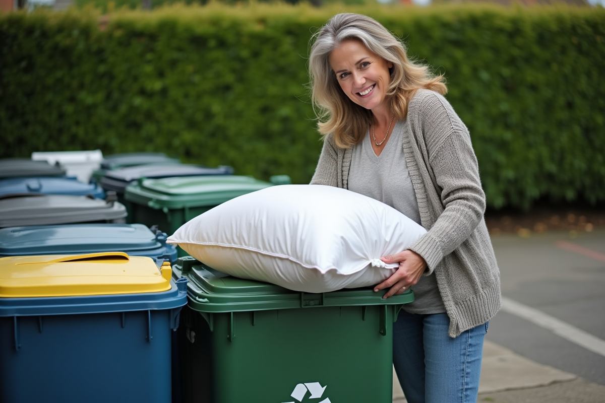 Femme souriante déposant une couette dans un centre de recyclage