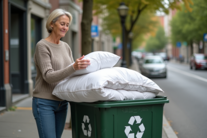 Femme déposant une couette dans un conteneur de recyclage