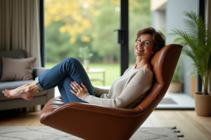 Femme détendue dans un fauteuil scandinave moderne