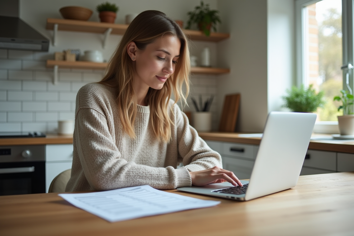 Jeune femme examinant un devis électrique à la cuisine
